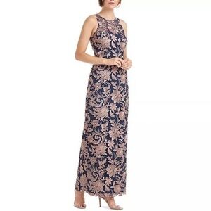 JS Collections Embroidered Halter Gown in Latte/Navy